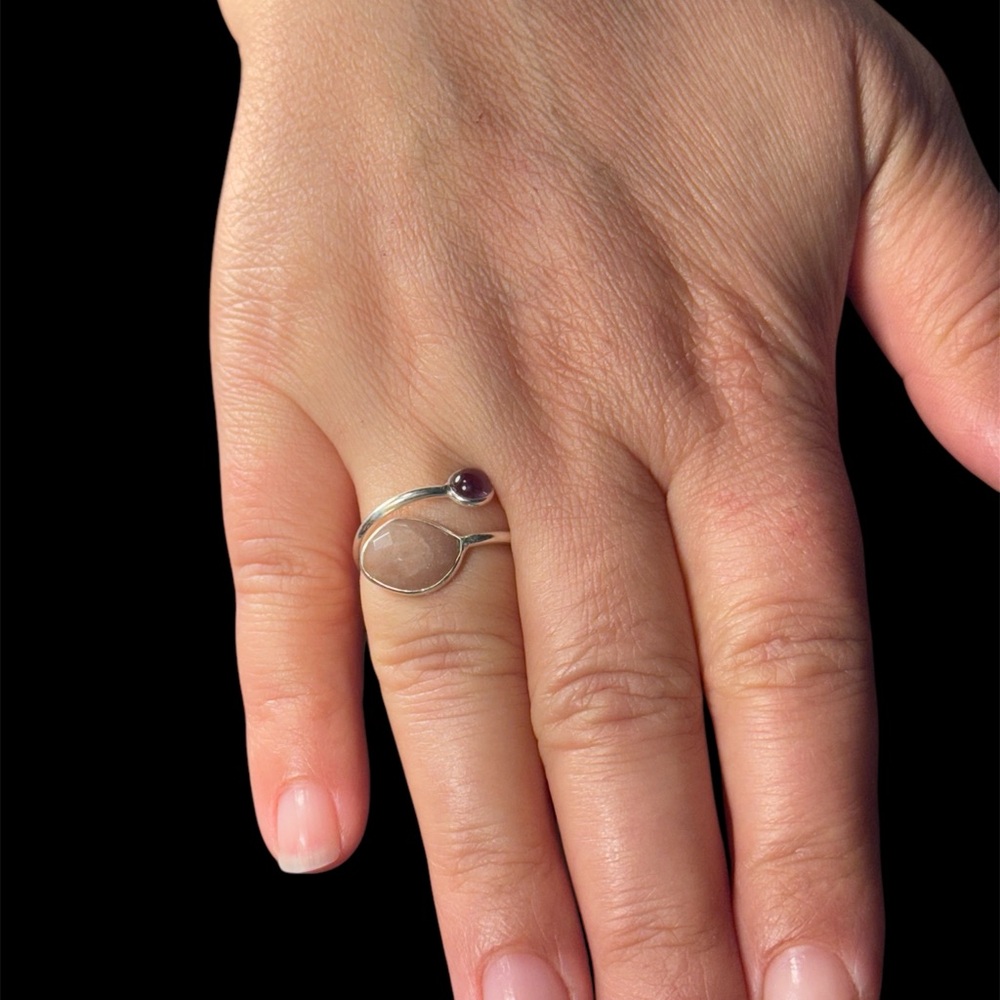 Adjustable 925 Sterling Silver Ring with Amethyst & Clear Quartz